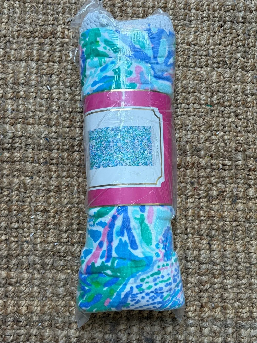 Lilly Pulitzer Soleil It On Me Fringe Large Beach Towel Blue Pink 100% Cotton